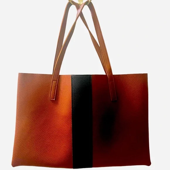 Vince Camuto Brown Black Faux Leather Striped Luck Tote Handbag - Picture 1 of 4